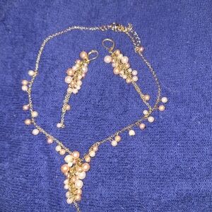 Gold Tone Pink and Cream Faux Pearl Necklace and Earrings
